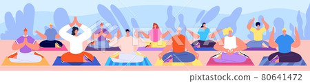 People relax group. Meditating character, yoga class meditate poses. Spiritual wellbeing practice or retreat, young sit crossed legs utter vector scene People relax group. Meditating character, yoga class meditate poses. Spiritual wellbeing practice or retreat, young sit crossed legs utter vector scene 80641472