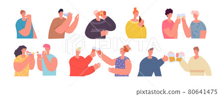 Friends clinking glasses. People holding drink, cheers beer or wine glass. Drinking party, flat teens celebrate birthday utter vector characters Friends clinking glasses. People holding drink, cheers beer or wine glass. Drinking party, flat teens celebrate birthday utter vector characters 80641475