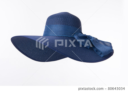 Vintage Panama hat, Woman hat isolated on white background, Women's beach hat, Blue hat. Vintage Panama hat, Woman hat isolated on white background, Women's beach hat, Blue hat. 80643034
