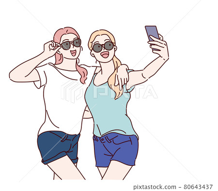 Young smiling hipster women in trendy summer t-shirt clothes, they hugging and taking selfie. Hand drawn in thin line style, vector illustrations. Young smiling hipster women in trendy summer t-shirt clothes, they hugging and taking selfie. Hand drawn in thin line style, vector illustrations. 80643437