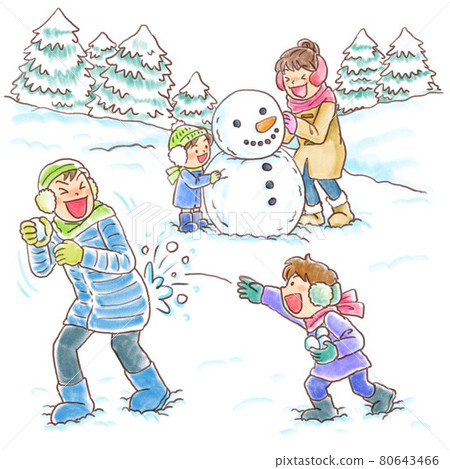 父母和孩子在雪地裡玩 80643466