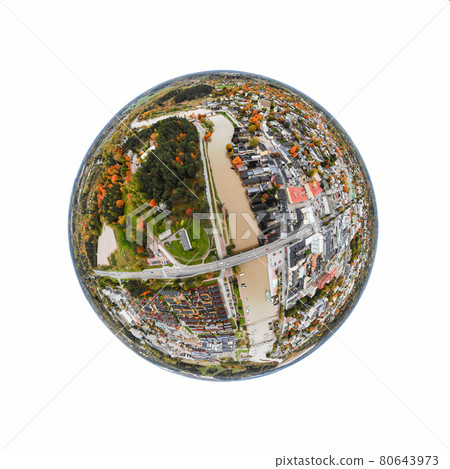 A three dimensional panoramic aerial view of the Old town of Porvoo, Finland in a mini planet panorama style. 80643973