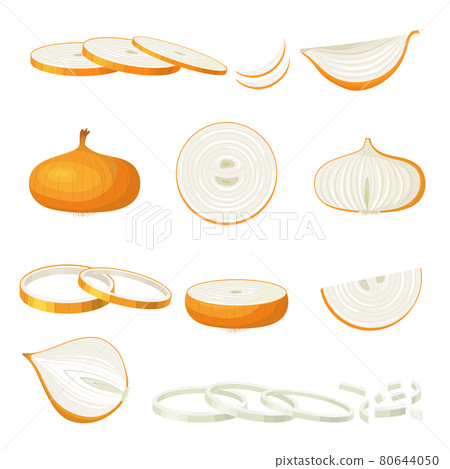 Onion sliced. Healthy natural food cutting fresh vegetables recent vector cartoon purple onion isolated 80644050