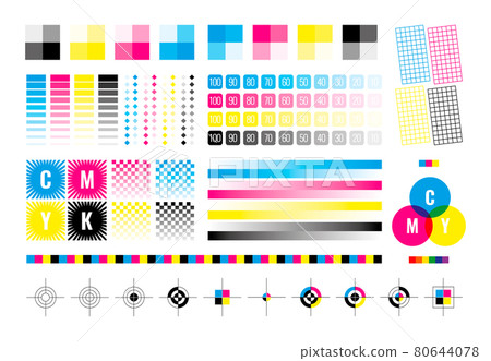 Cmyk marks. Colorful bars for color divices calibration printing house paper templates cyan yellow black garish vector illustrations collection 80644078