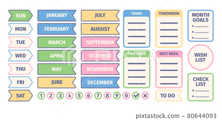 Organizer stickers. Calendar scrapbook elements for daily pages design templates journal or self planning notebook papers diary organizing labels garish vector illustrations 80644093