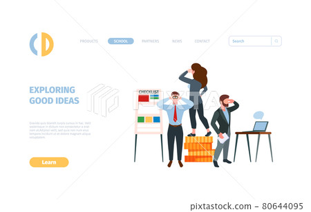 Business landing. Businessman watching in telescope outdoor exploration processes garish vector web page with place for text 80644095