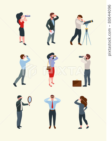People watching telescope. Business characters looking up in binoculars or magnifying glass garish vector illustrations of exploring persons 80644096