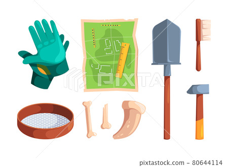 Archeology tools. Digging items archiological equipment for ancient knowledge antique artifacts skull and bones adventure map garish vector collection Archeology tools. Digging items archiological equipment for ancient knowledge antique artifacts skull and bones adventure map garish vector collection 80644114