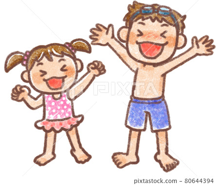 Two children rejoicing in swimsuits Two children rejoicing in swimsuits 80644394