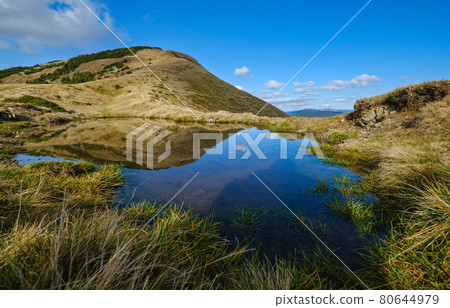 Small picturesque lake with clouds reflections at the  Strymba Mount. Beautiful autumn day in Carpathian Mountains near Kolochava village, Transcarpathia, Ukraine. 80644979