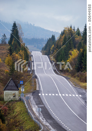 Hazy and overcast Carpathian Mountains and highway on mountain pass, Ukraine. 80644988