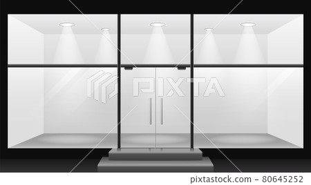Empty lighted room template. Blank store showcase with glass panels and steps 80645252