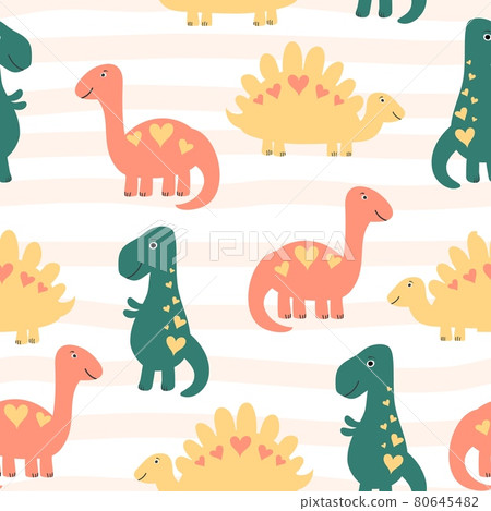 Seamless kids pattern Dinosaurs with heart on pink striped backdrop. Vector children background. 80645482