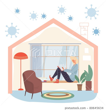Flat cartoon character at home in self quarantine during coronavirus pandemic,vector illustration concept Flat cartoon character at home in self quarantine during coronavirus pandemic,vector illustration concept 80645634