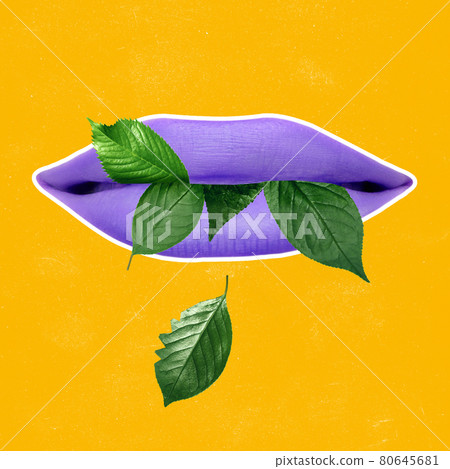Contemporary art collage. Female mouth, purple lips eating green leaves over yellow background. Contemporary art collage. Female mouth, purple lips eating green leaves over yellow background. 80645681