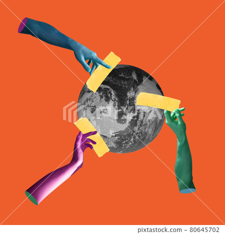 Contemporary artwork. Human hands sticking plasters on bw planet over red background. Concept of saving nature. Contemporary artwork. Human hands sticking plasters on bw planet over red background. Concept of saving nature. 80645702