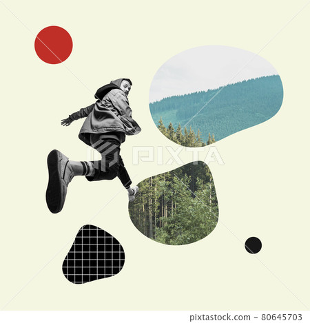 Contemporary artwork. BW young man running away from pictures of forests over yellow background. Concept of saving nature. Contemporary artwork. BW young man running away from pictures of forests over yellow background. Concept of saving nature. 80645703