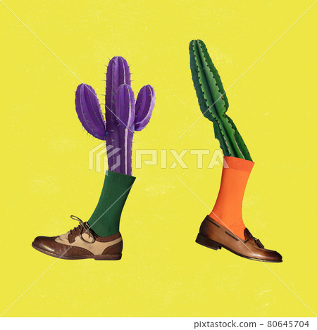 Modern art collage. Two colored cactus wearing different shoes over yellow background. Concept of saving nature. Modern art collage. Two colored cactus wearing different shoes over yellow background. Concept of saving nature. 80645704