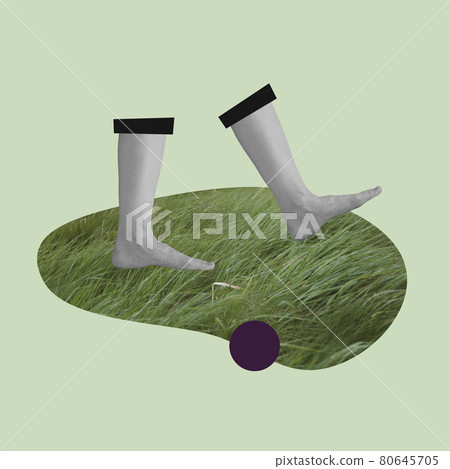 Creative art collage. Barefoot human feet walking on green grass. Concept of saving nature. Creative art collage. Barefoot human feet walking on green grass. Concept of saving nature. 80645705