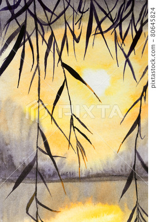Evening watercolors illustration of sunset on river with leaves and mountain forest on horizon. 80645824