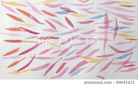 Watercolor colorful background of red pink yellow blue petal-shaped lines on white paper. 80645825