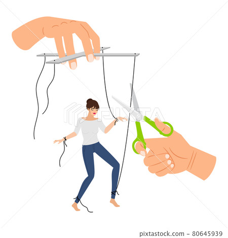 Woman stop manipulation. Girl is freed from toxic manipulations, manipulator hands with cut strings female marionette, worker or spouse manipulates release concept Woman stop manipulation. Girl is freed from toxic manipulations, manipulator hands with cut strings female marionette, worker or spouse manipulates release concept 80645939