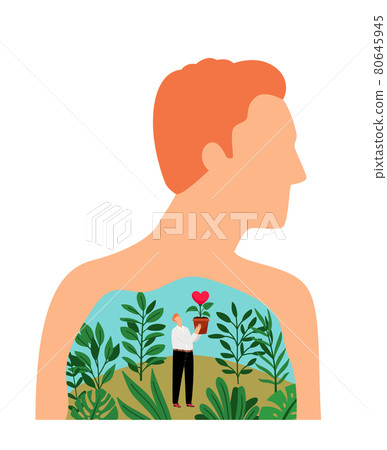 Loving man. Male person with flowers garden in heart, human beauty thinking about love, valentine happy mind concept, loving romantic emotion Loving man. Male person with flowers garden in heart, human beauty thinking about love, valentine happy mind concept, loving romantic emotion 80645945