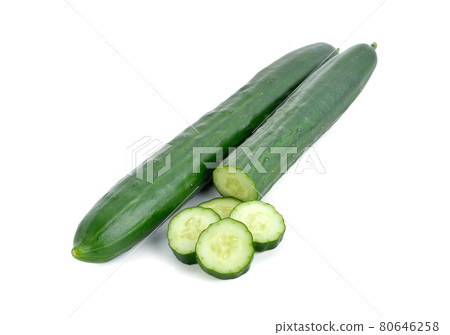 Sliced and whole Japanese cucumber isolated on white background Sliced and whole Japanese cucumber isolated on white background 80646258