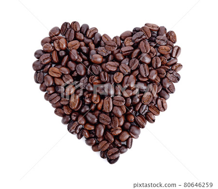 Heart shaped roasted coffee beans on white background Heart shaped roasted coffee beans on white background 80646259