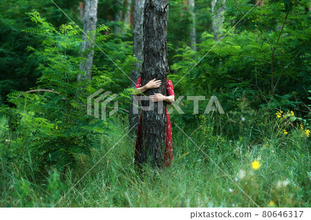 Save and Plant Trees, Save Earth and Nature, Stand For Trees, Save Forests and Heal the Climate. Woman in a red dress walking in forest, hugging trees and touching the trunks 80646317