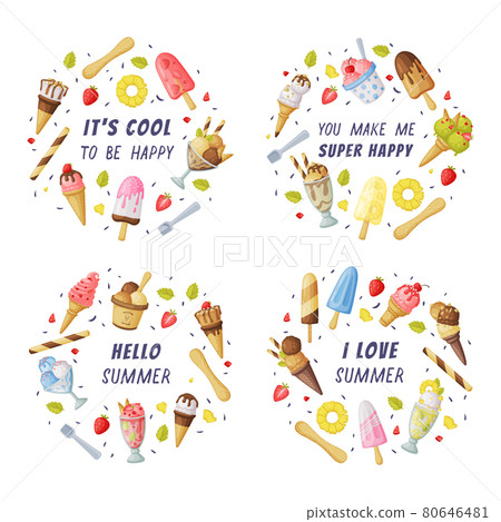 Ice Cream with Motivational Quotes Set, Summer Inspirational Poster, Card Design Cartoon Vector Illustration 80646481
