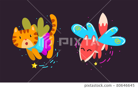 Winged Fox and Tiger Flying with Magic Wand as Fairy or Pixie Vector Set 80646645