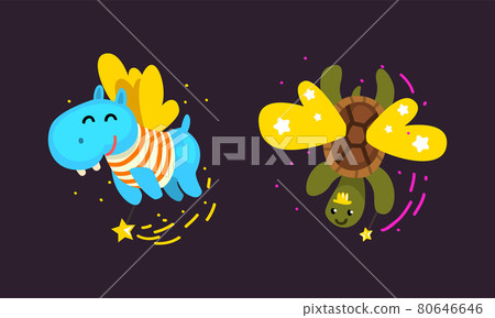 Winged Turtle and Hippo Flying with Magic Wand as Fairy or Pixie Vector Set 80646646