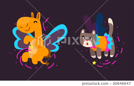 Winged Camel and Cat Flying with Magic Wand as Fairy or Pixie Vector Set 80646647