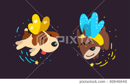 Winged Dog Flying with Magic Wand as Fairy or Pixie Vector Set Winged Dog Flying with Magic Wand as Fairy or Pixie Vector Set 80646648