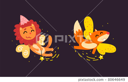 Winged Lion and Fox Flying with Magic Wand Vector Set 80646649