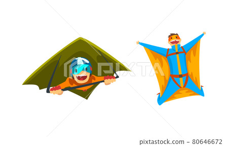 Skydiver Flying with Paraglider and in Wingsuit as Extreme Sport Vector Set Skydiver Flying with Paraglider and in Wingsuit as Extreme Sport Vector Set 80646672