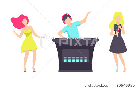 People Dancing at Party, DJ Playing and Mixing Music Flat Vector Illustration 80646959