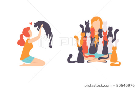 Cat Pet Owners Set, Young Woman Surrounded by Pets Flat Vector Illustration Cat Pet Owners Set, Young Woman Surrounded by Pets Flat Vector Illustration 80646976