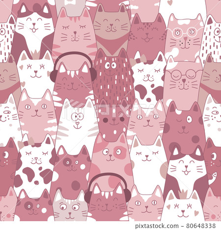 Seamless pattern with funny cats, cat food and fish on a white background. Seamless pattern with funny cats, cat food and fish on a white background. 80648338