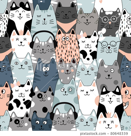 Seamless Pattern With Cats. Cute Cat Set. Funny... - Stock Illustration ...