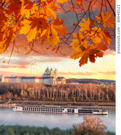 Panorama of Melk abbey with Danube river and autumn forest in Austria Panorama of Melk abbey with Danube river and autumn forest in Austria 80648521