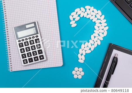 White Question Mark and Calculator. Pharmaceutical Industry and Medicinal Products 80649118