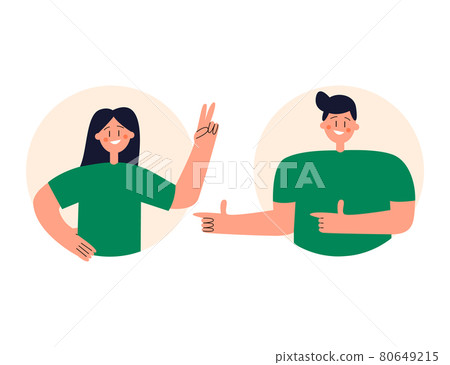Happy cartoon characters demonstrate positive emotions with gestures. Vector flat illustration on isolated white background. Eps 10. Happy cartoon characters demonstrate positive emotions with gestures. Vector flat illustration on isolated white background. Eps 10. 80649215