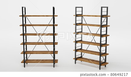 Wooden shelving with metal base, front and angle view. Empty rack in loft style for interior office or home, modern design. Mockup shelves for storage isolated on white background, 3d illustration 80649217
