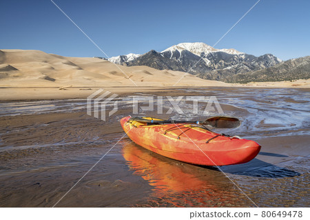 whitewater kayak in shallow water 80649478