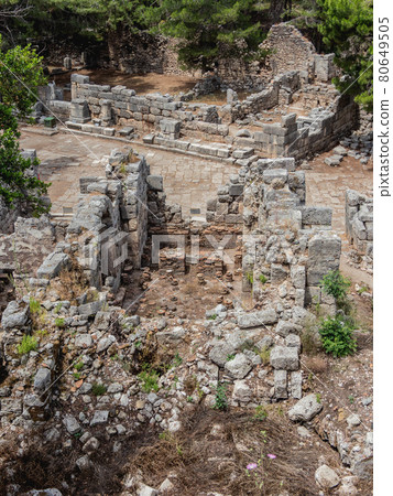 Ruins of large bath in ancient Phaselis city. Famous architectural landmark, Kemer district, Antalya province. Turkey. Ruins of large bath in ancient Phaselis city. Famous architectural landmark, Kemer district, Antalya province. Turkey. 80649505