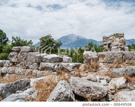Ruins of amphitheatre of ancient Phaselis city. Famous architectural landmark in Turkey. 80649506