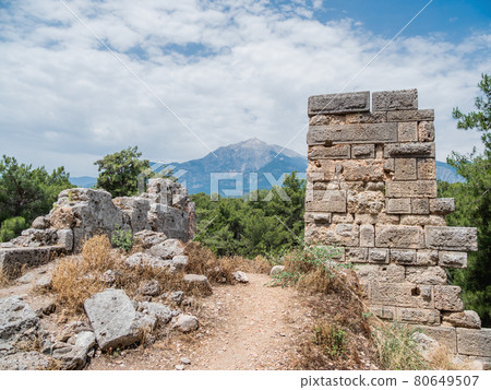 Ruins of amphitheatre of ancient Phaselis city. Famous architectural landmark in Turkey. Ruins of amphitheatre of ancient Phaselis city. Famous architectural landmark in Turkey. 80649507
