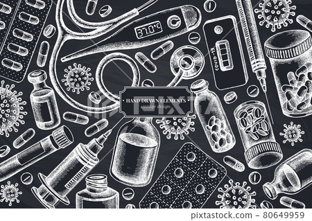 Monochrome design with chalk vial of blood, pills and medicines, medical thermometer, coronavirus 80649959